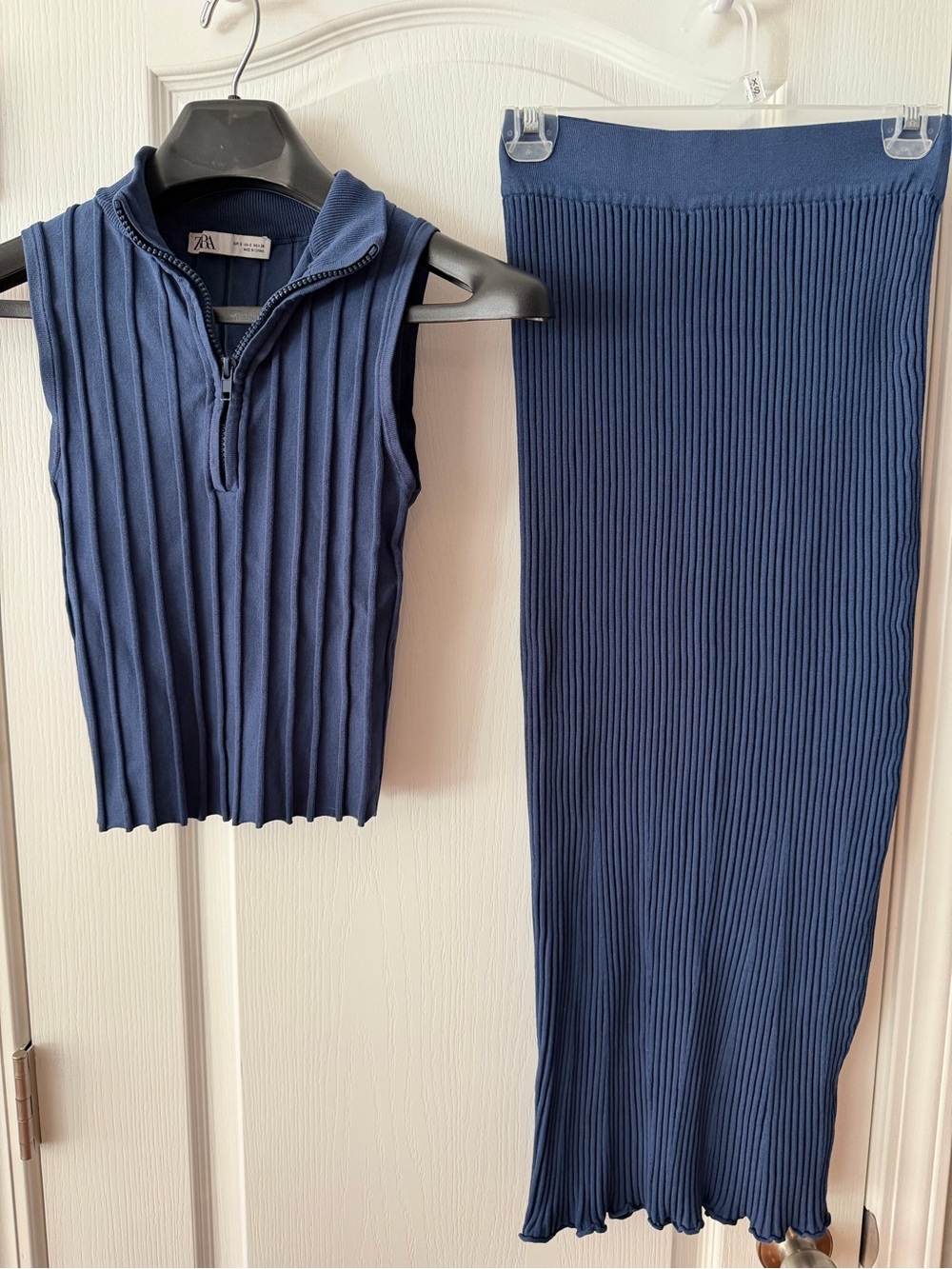 Zara Navy Blue Ribbed Knit Sleeveless Top & Skirt Set